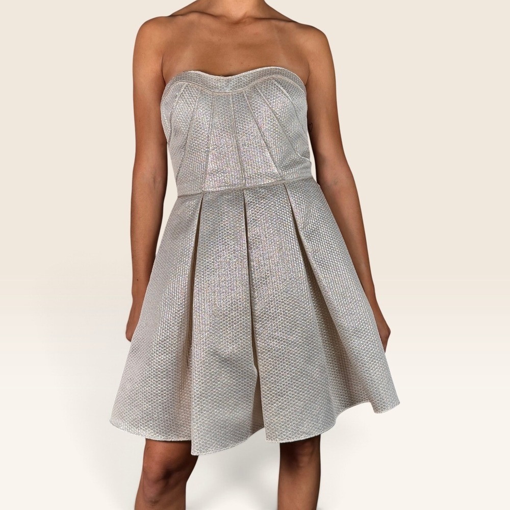 Aidan Mattox Metallic Gold Strapless Jacquard Fit Flare Cocktail Dress US 6 EUC